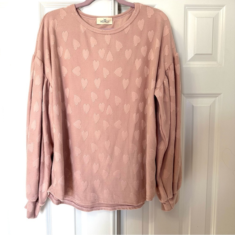 Hopely Light Pink Women’s Plus Size Top with Long Puff Sleeves